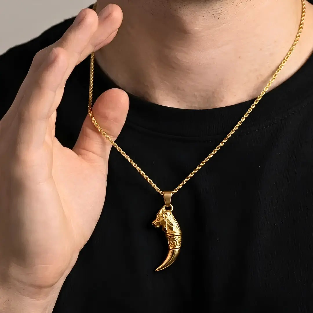 18K Gold Plated Dragon Tooth Pendant Necklace for Men – 54cm Rope Chain with 5cm Cable Extension & Lobster Clasp